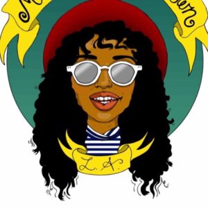 "After" image of a portrait commission: colorized digital art of a girl in a hat and sunglasses