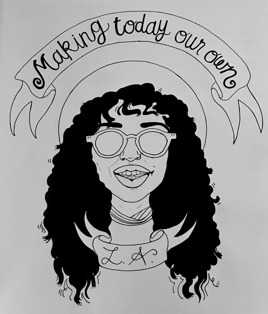 "Before" image of a portrait commission: black ink drawing of a girl in a hat and sunglasses on white paper.