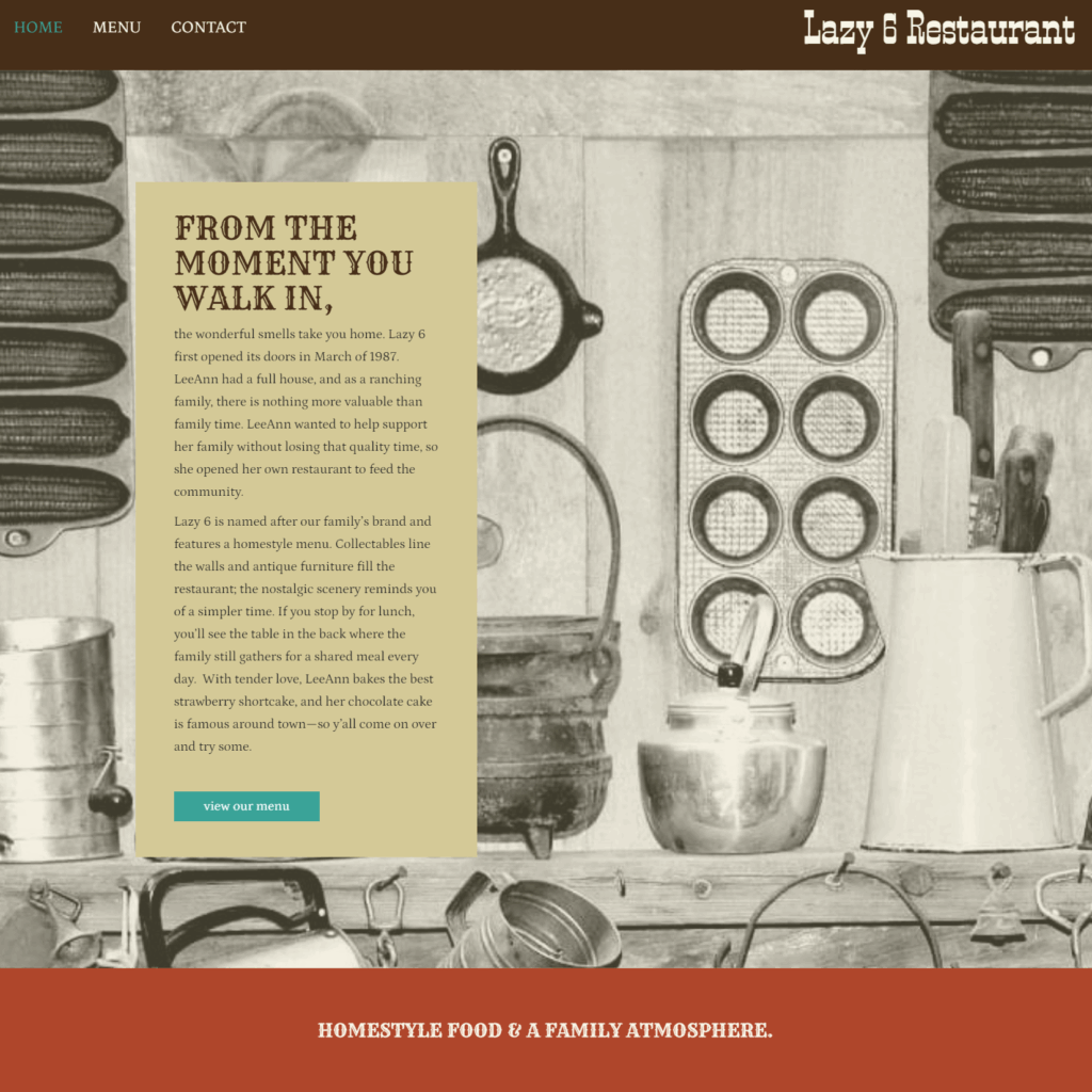 Screenshot of the website home page for the Lazy 6 restaurant.