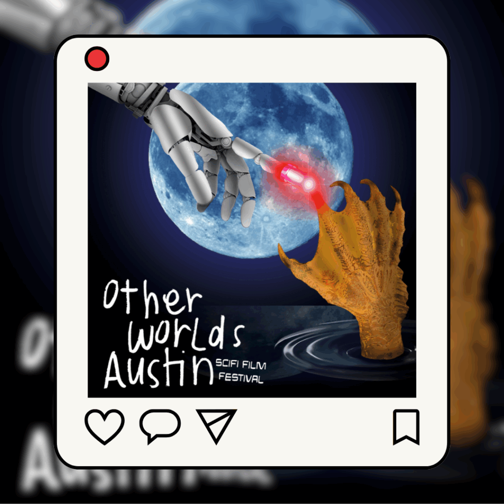 Mockup of an Instagram post showing a flyer for Other Worlds Austin